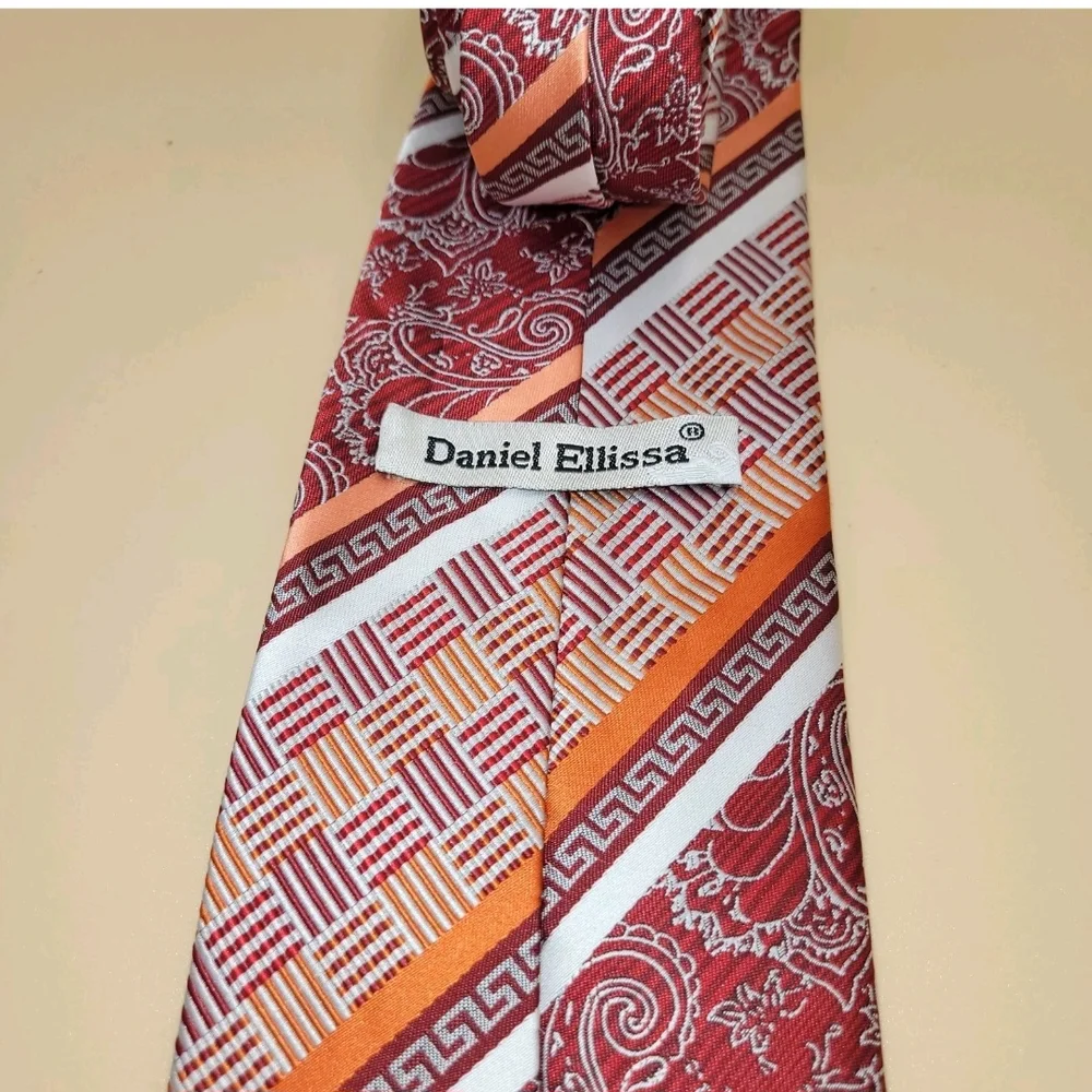 Daniel Ellissa Men's Burgundy, Orange & Cream Necktie.‎ Work Casual Business